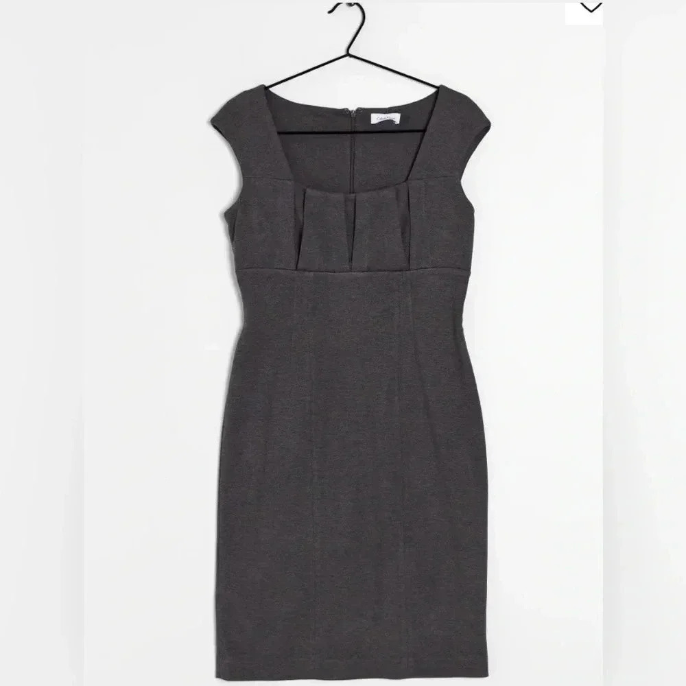 Calvin Klein Heather Charcoal Grey Square Neck Sheath Dress Size 6 Professional